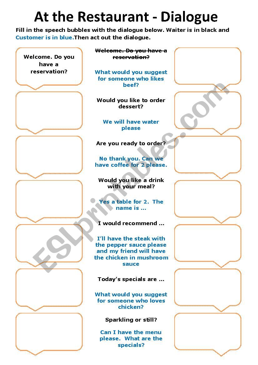 At the Restaurant - Diaglogue worksheet