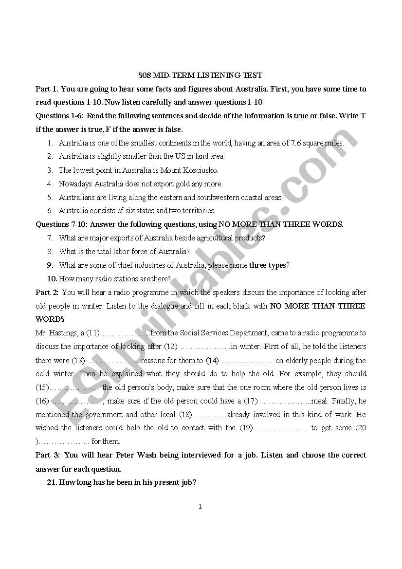 listening test worksheet
