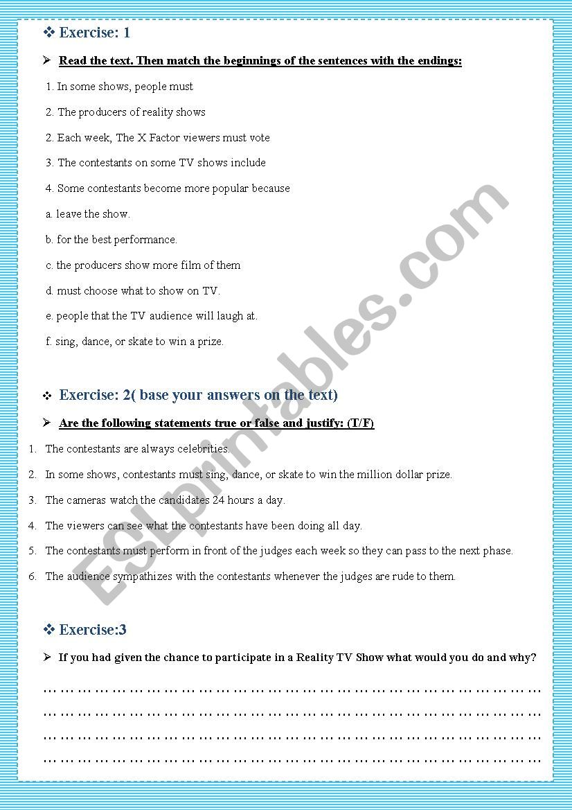 How real is reality TV? worksheet