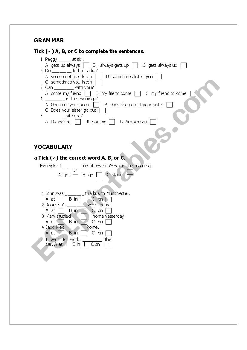 Grammar and Reading worksheet