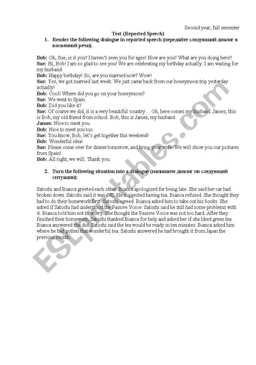 Test on Reported Speech worksheet