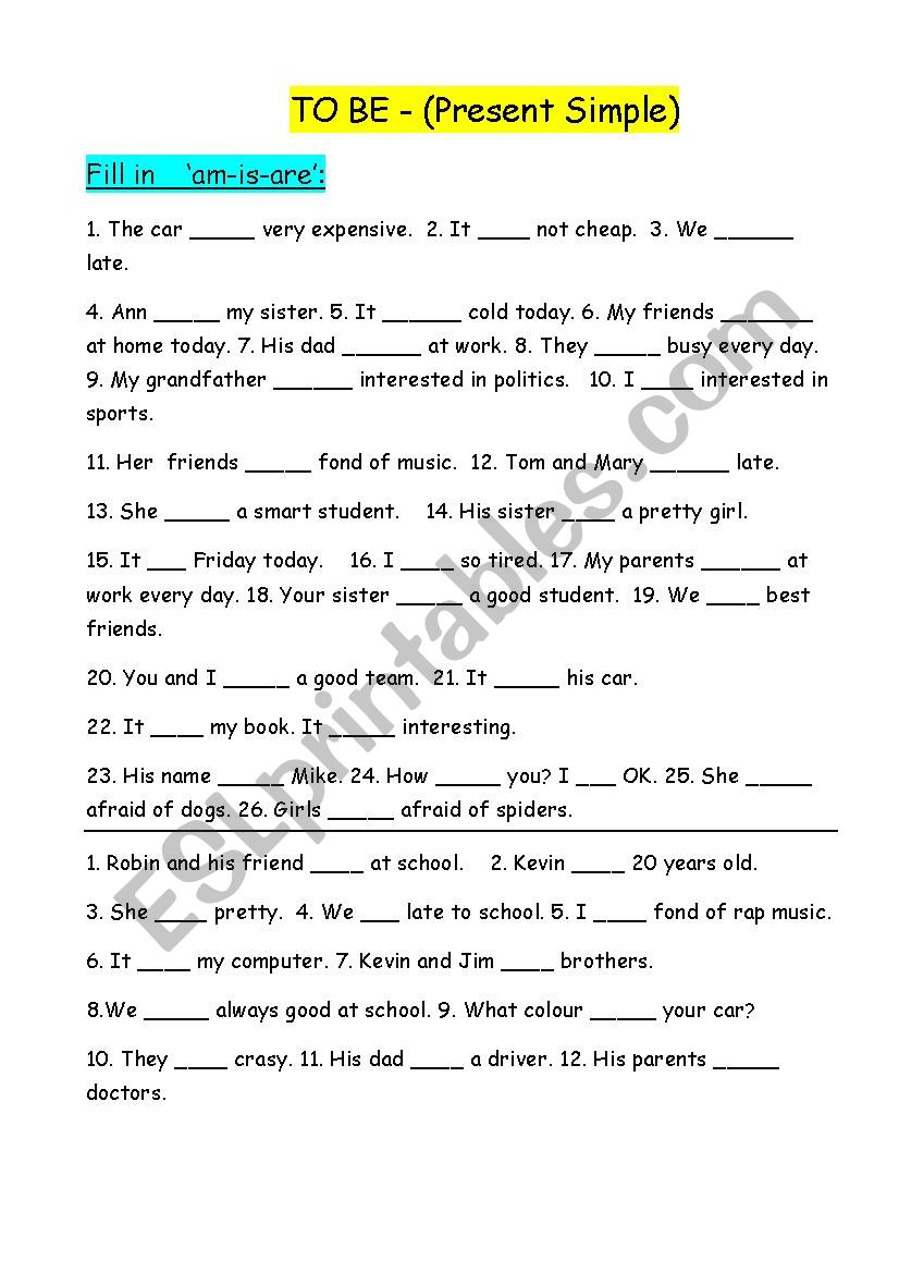 test TO BE (elementary) worksheet