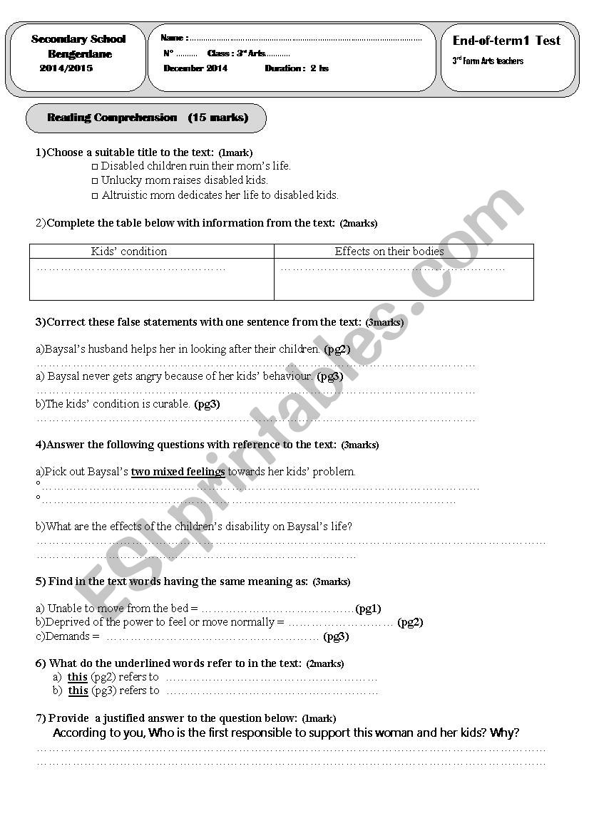 3rd Arts full term1 Test Dec 2O14