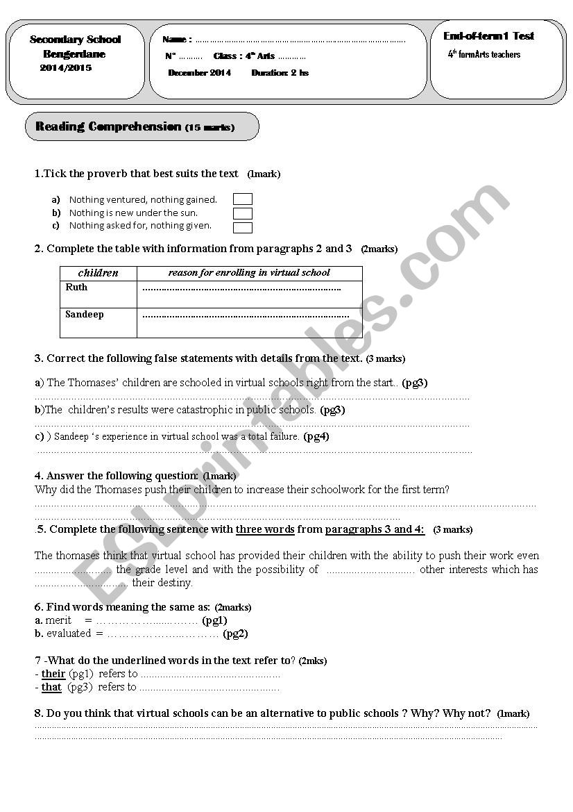 A 4th form End of term1 Test Dec 2014