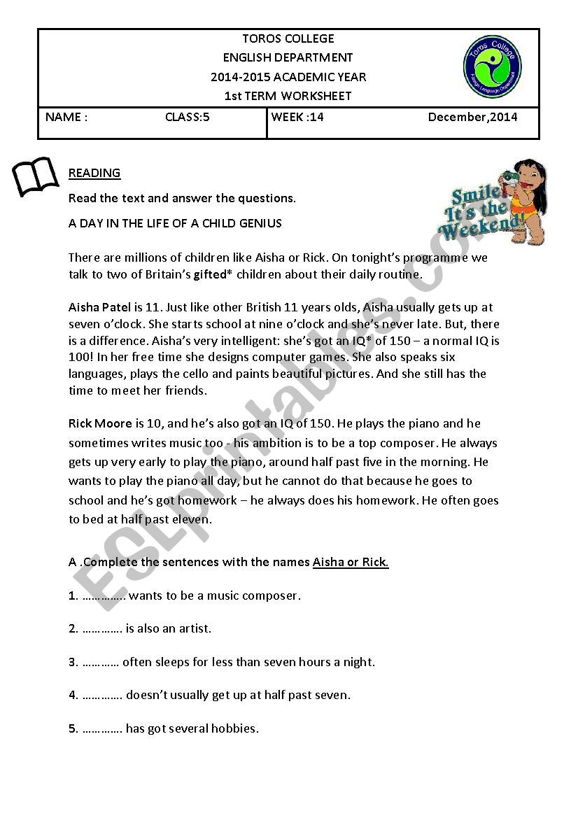 reading worksheet