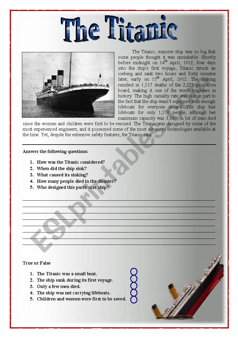 The Titanic worksheet