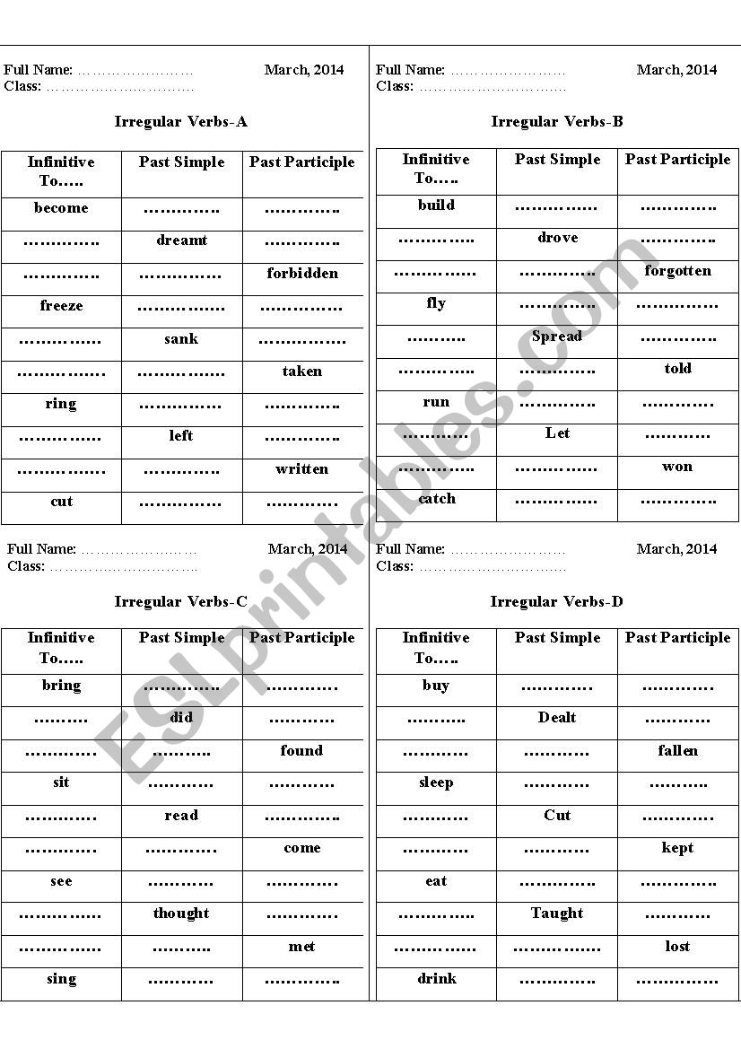 irregular verbs worksheet