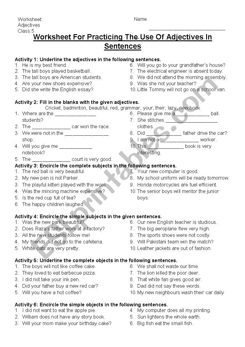 Worksheet for practicing the use of ADJECTIVES in sentences