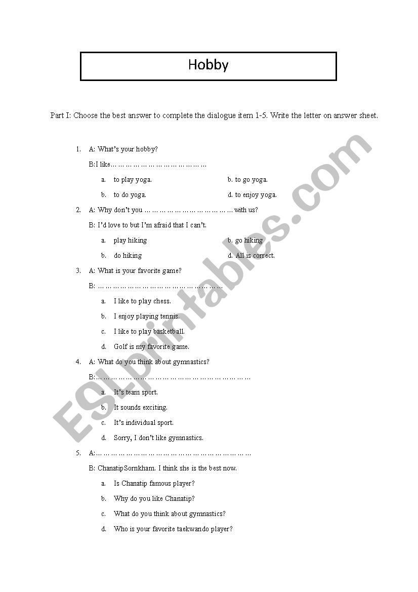 Hobby worksheet