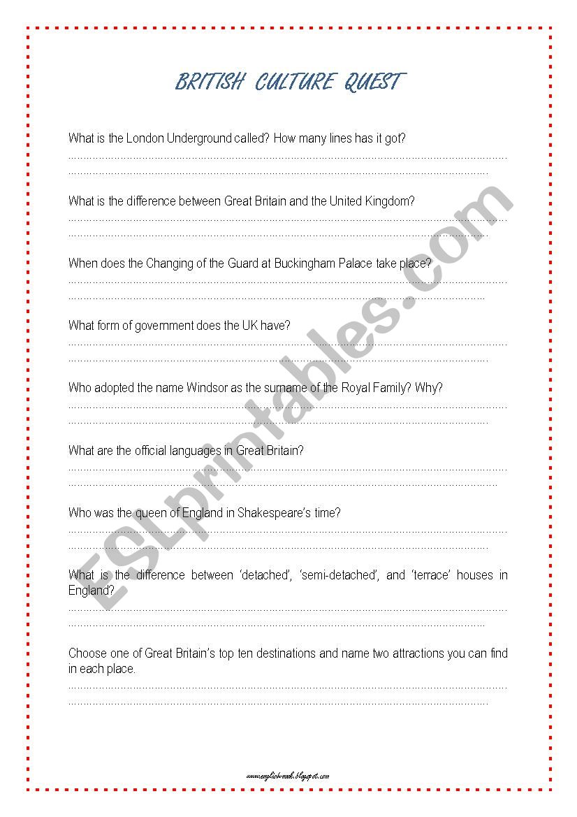 British Culture Quest worksheet