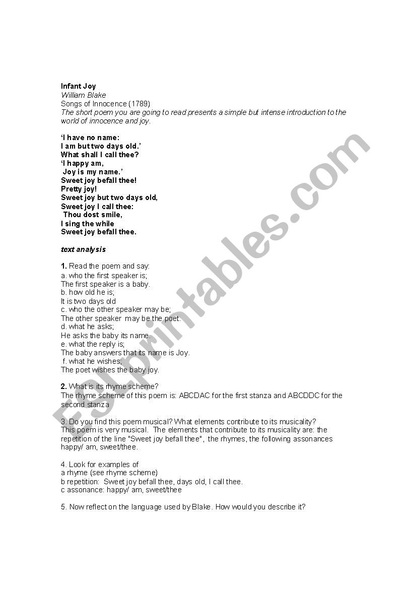 Infant Joy worksheet