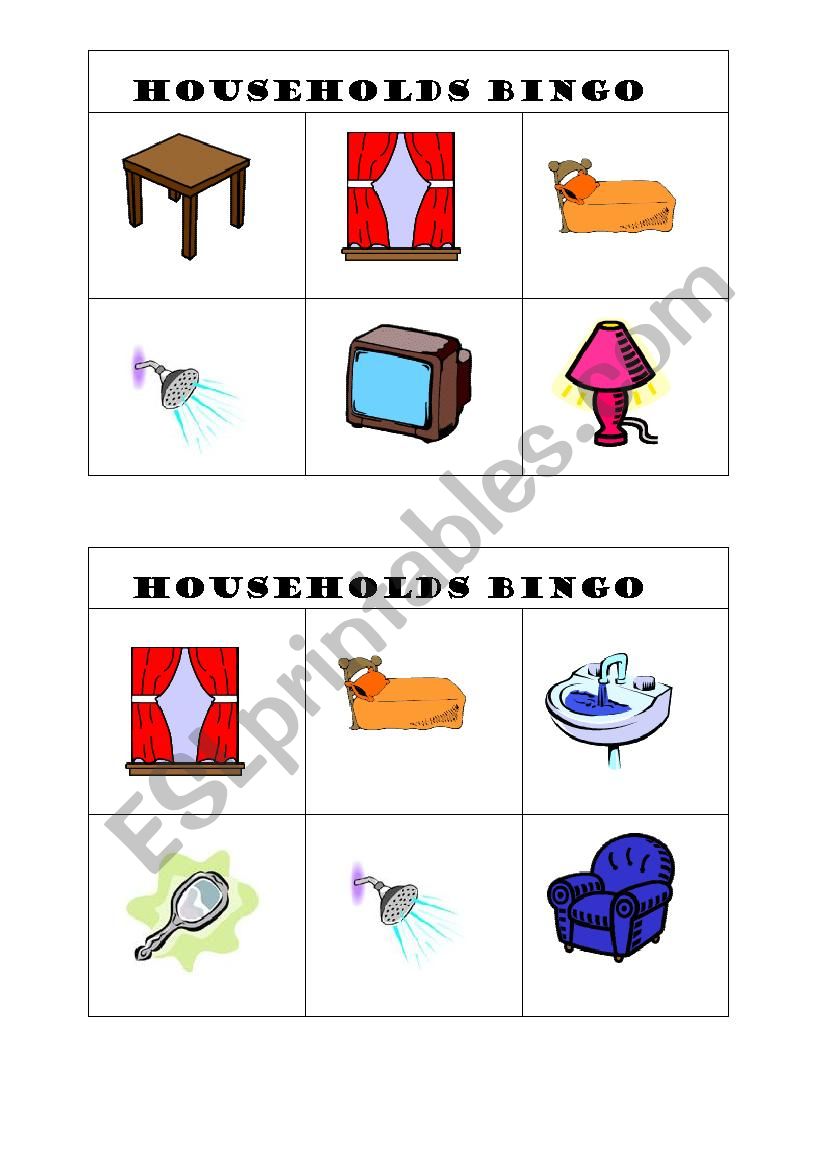 Households bingo game cards worksheet
