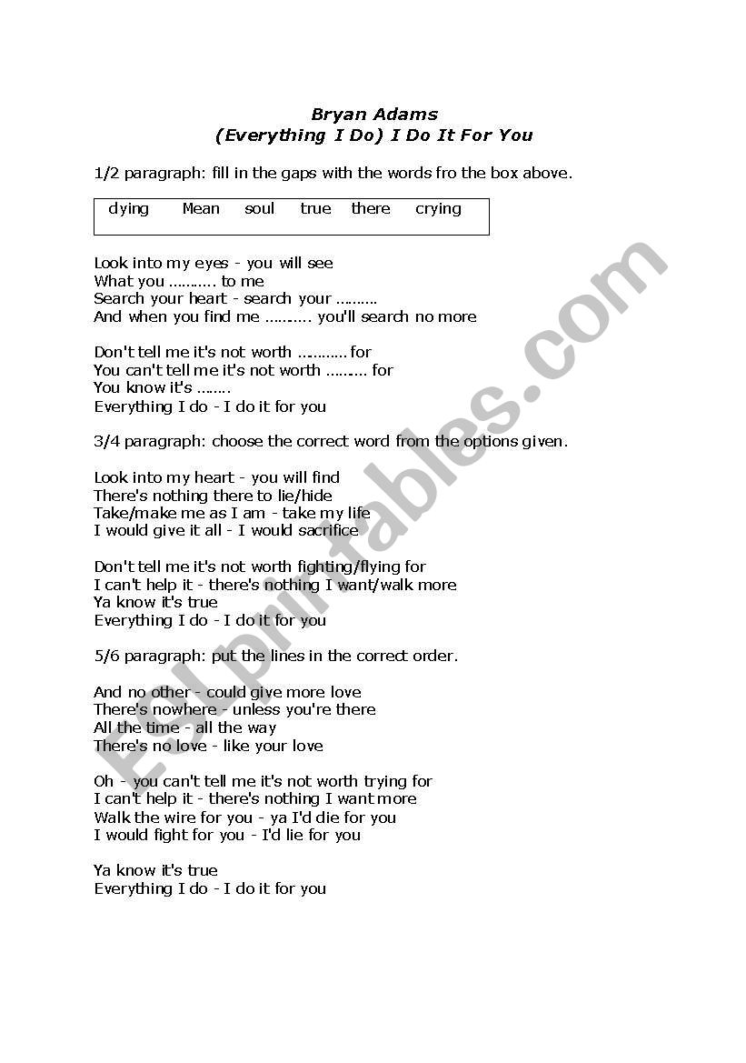 brian adams song worksheet