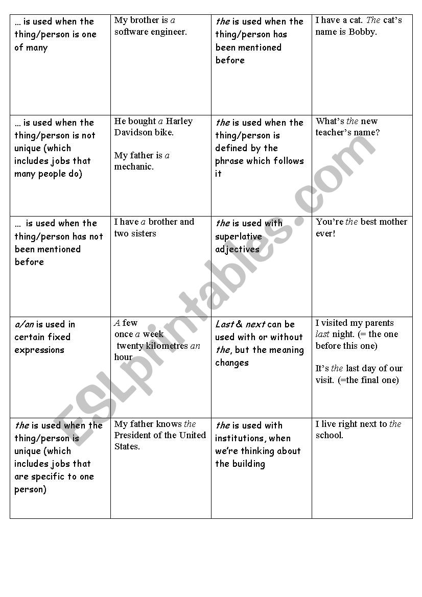 Articles memory game worksheet