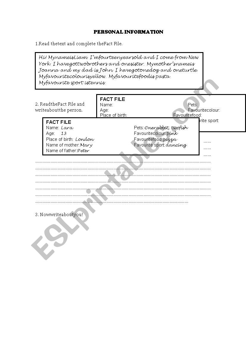 Personal information  worksheet