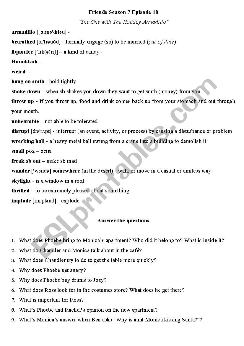Friends Season 7 Episode 10 worksheet