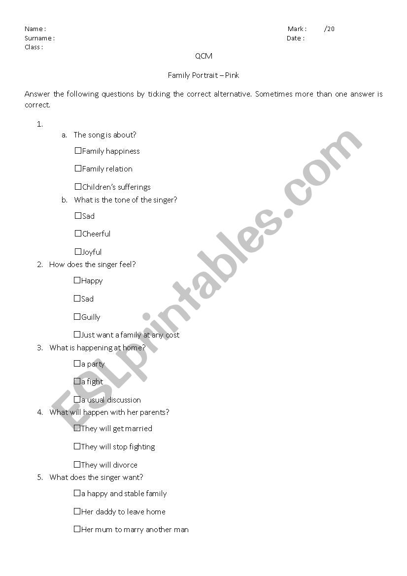 Family Portrait â€“ Pink worksheet