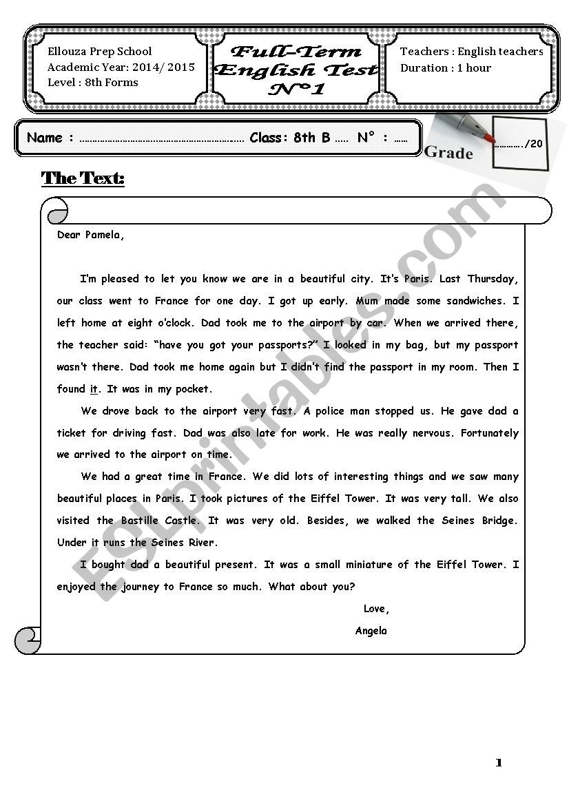 Full term test N°1 8th form worksheet Full term test N°1 8th form worksheet