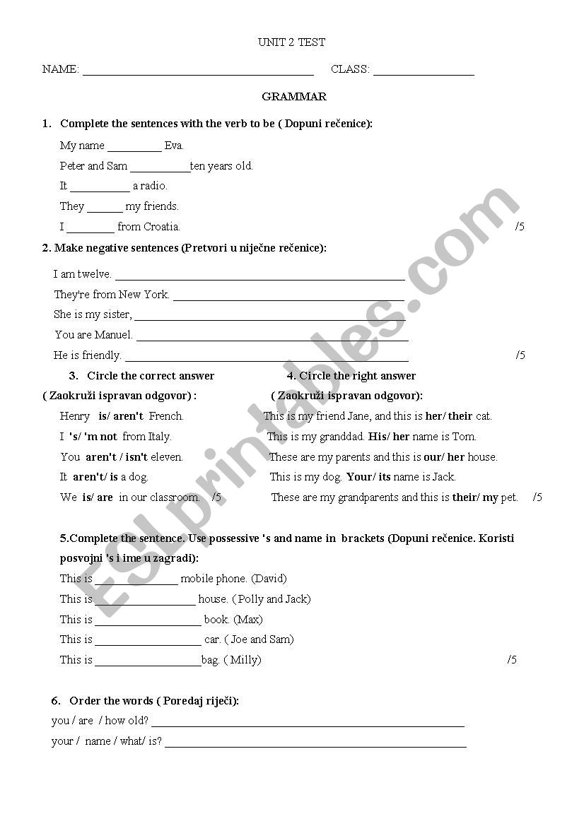 Project 1 Unit 2 Test worksheet