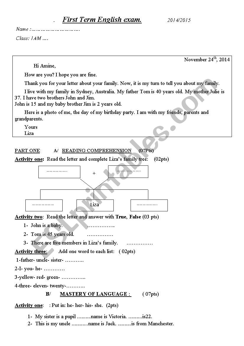 Family Profile worksheet