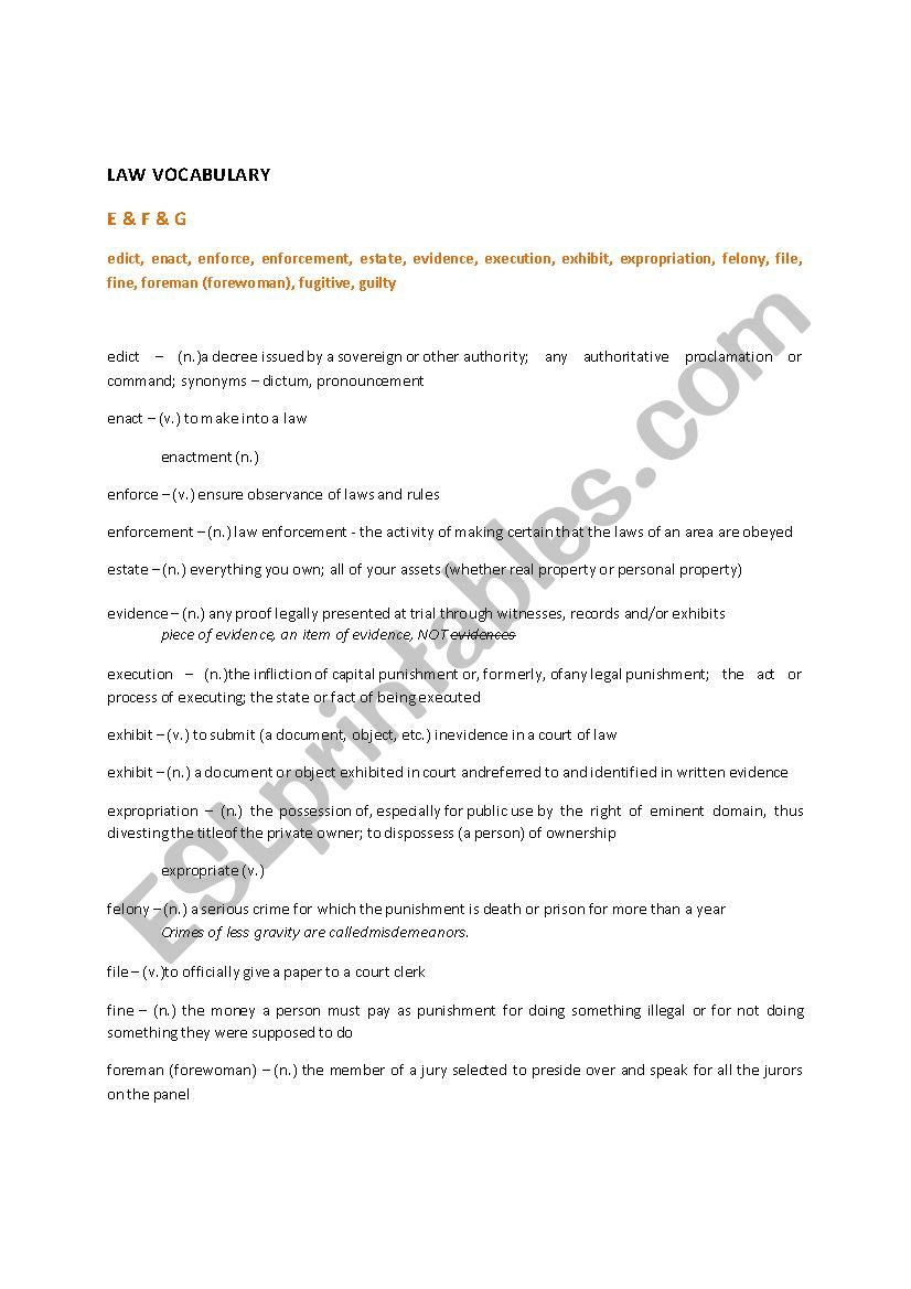 LAW VOCABULARY - E&F&G worksheet