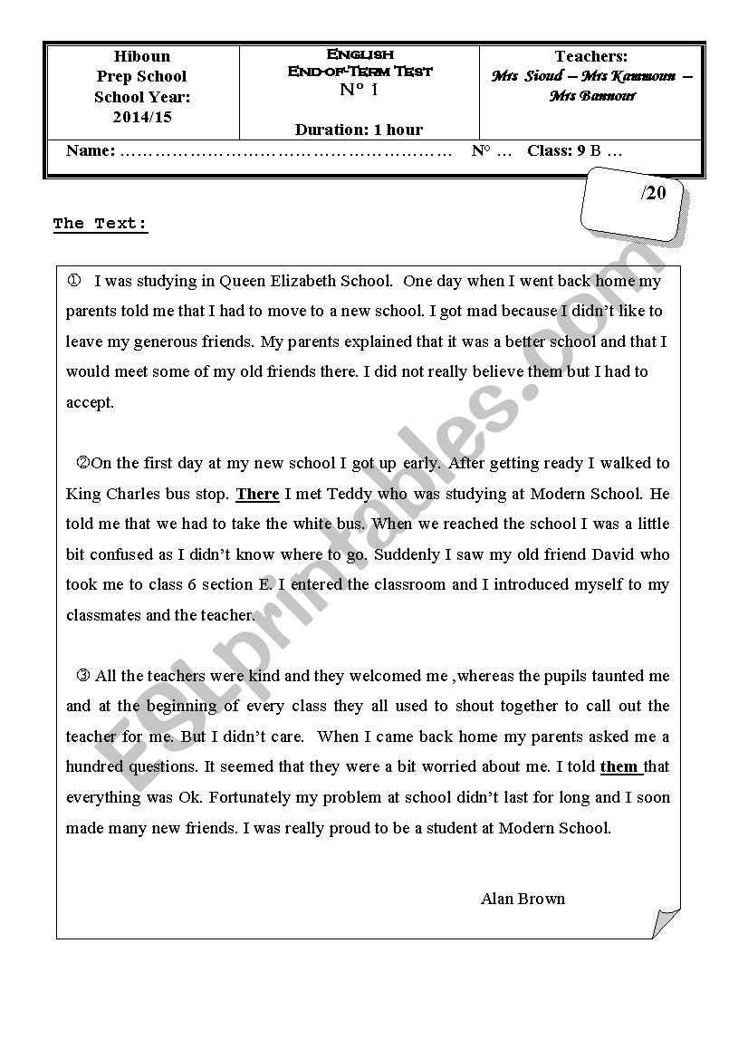 END OF TERM 1  TEST 9TH FORM worksheet
