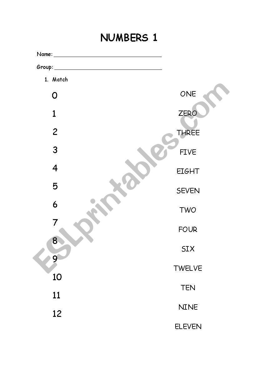 NUMBERS MATCH worksheet