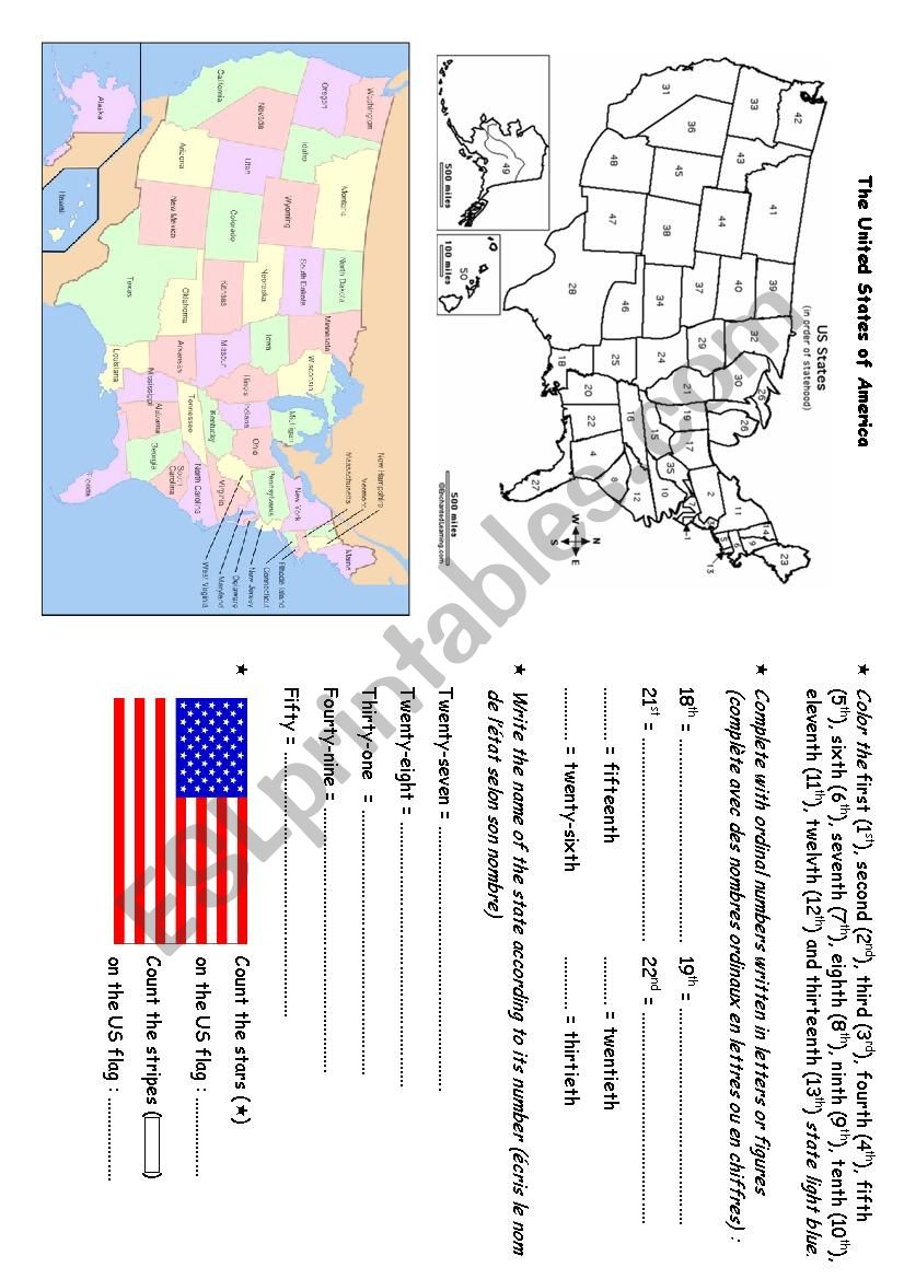 Learn numbers with US States worksheet