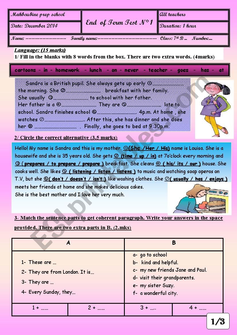 End of term test n1 7th level worksheet