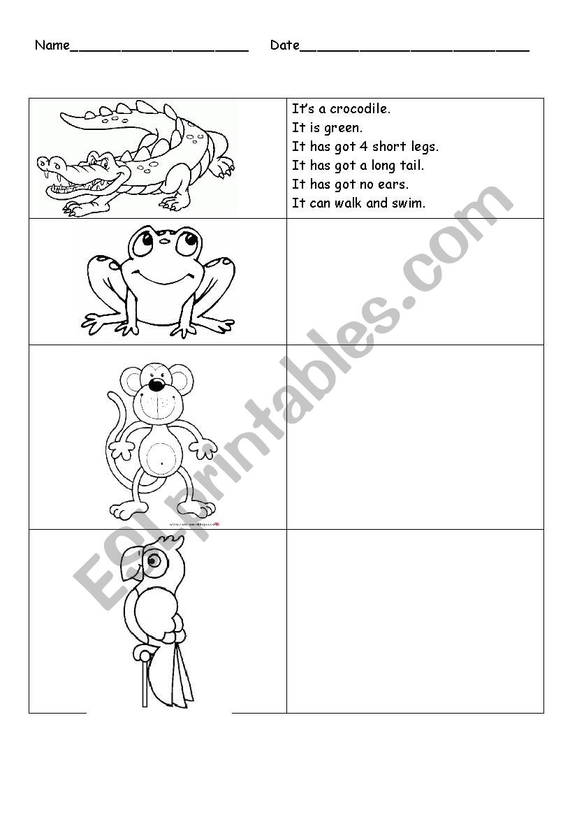 Animals description exercice worksheet