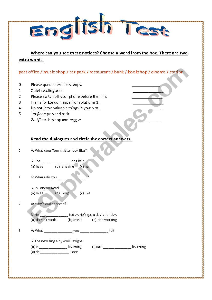 English test worksheet