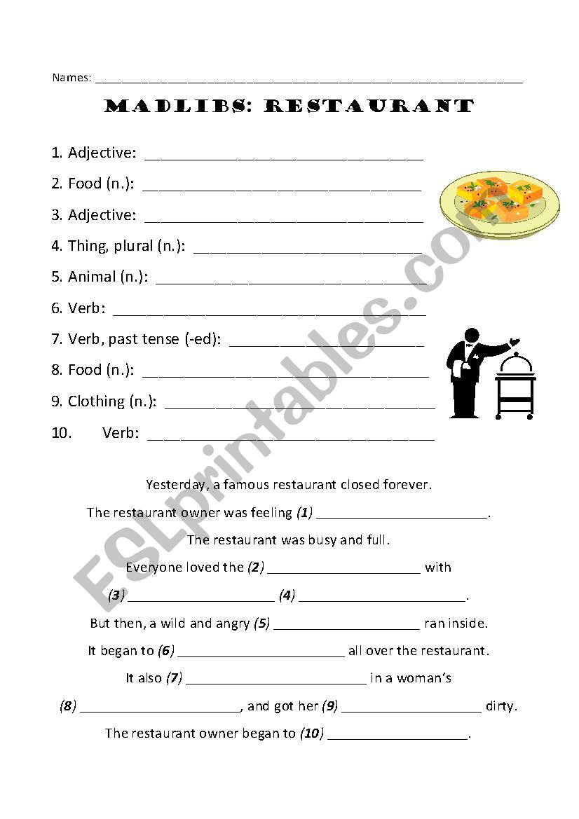 MadLibs - In a Restaurant worksheet