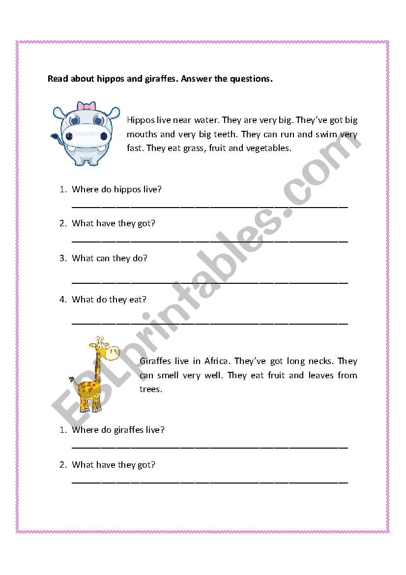 Animal reading worksheet