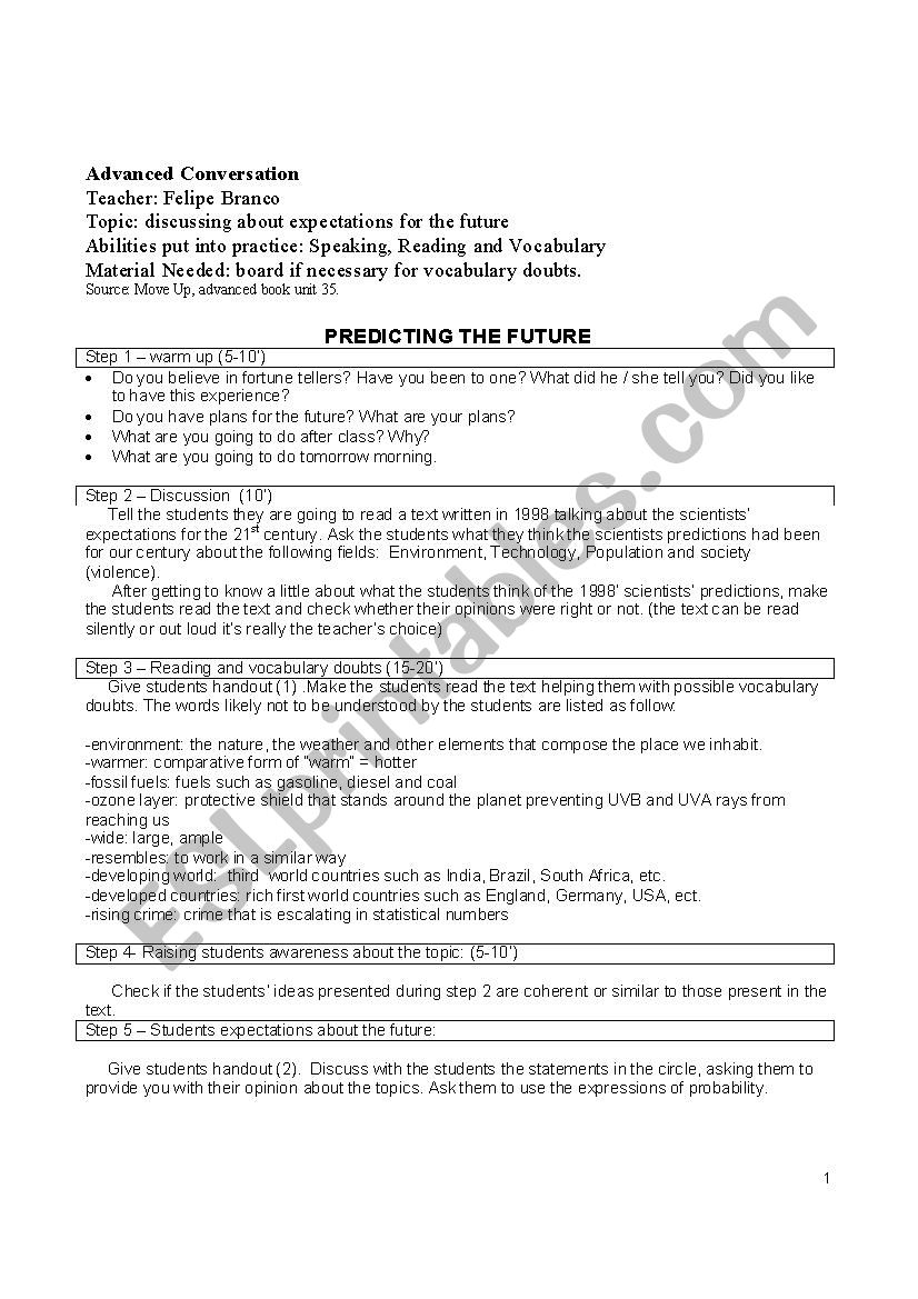 PREDICTING THE FUTURE worksheet