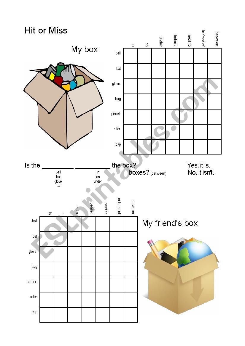 Prepositions Battleships worksheet