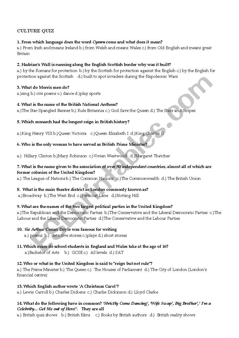 Cultural quiz on Britain worksheet
