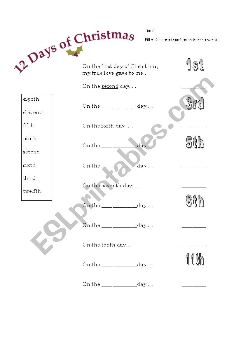 12 Days of Christmas Ordinal Numbers