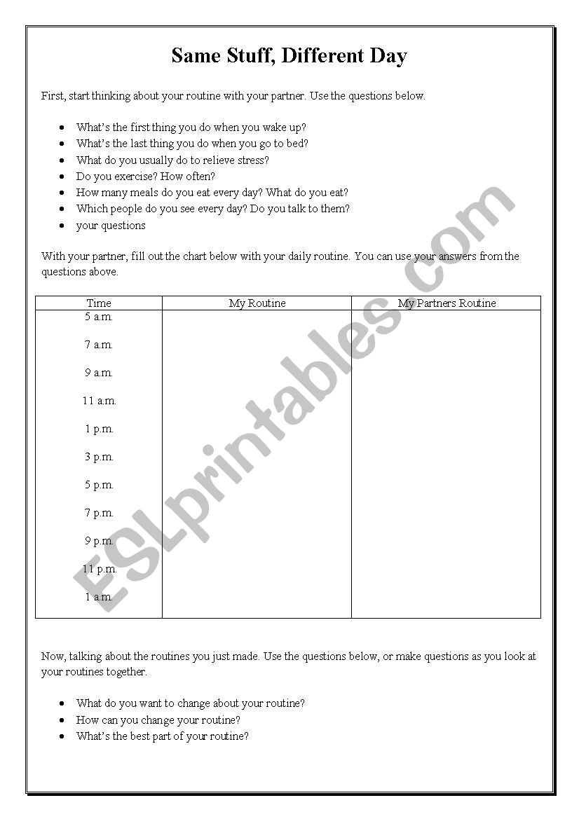 Same Stuff Different Day worksheet