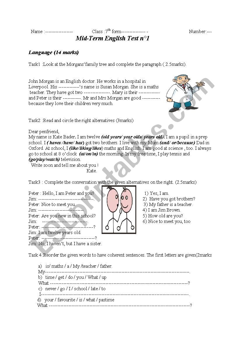 mid term test 1 for 7th form worksheet