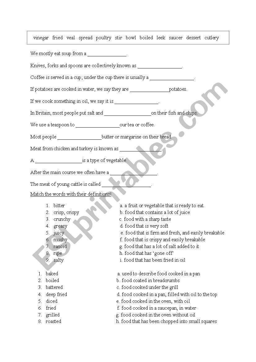 cooking vocabulary exercises worksheet