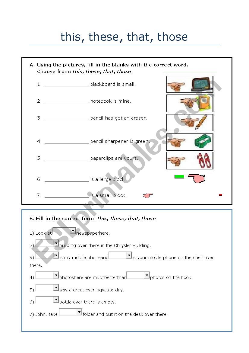 This/That/These/Those, Mine/Yours/His/Hers/Ours/Theirs ESL worksheet
