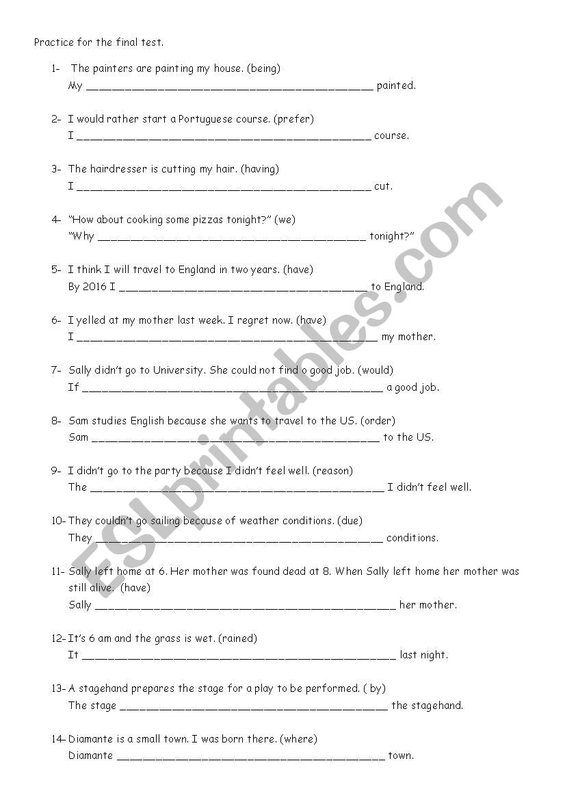 SENTENCE TRANSFORMATION worksheet