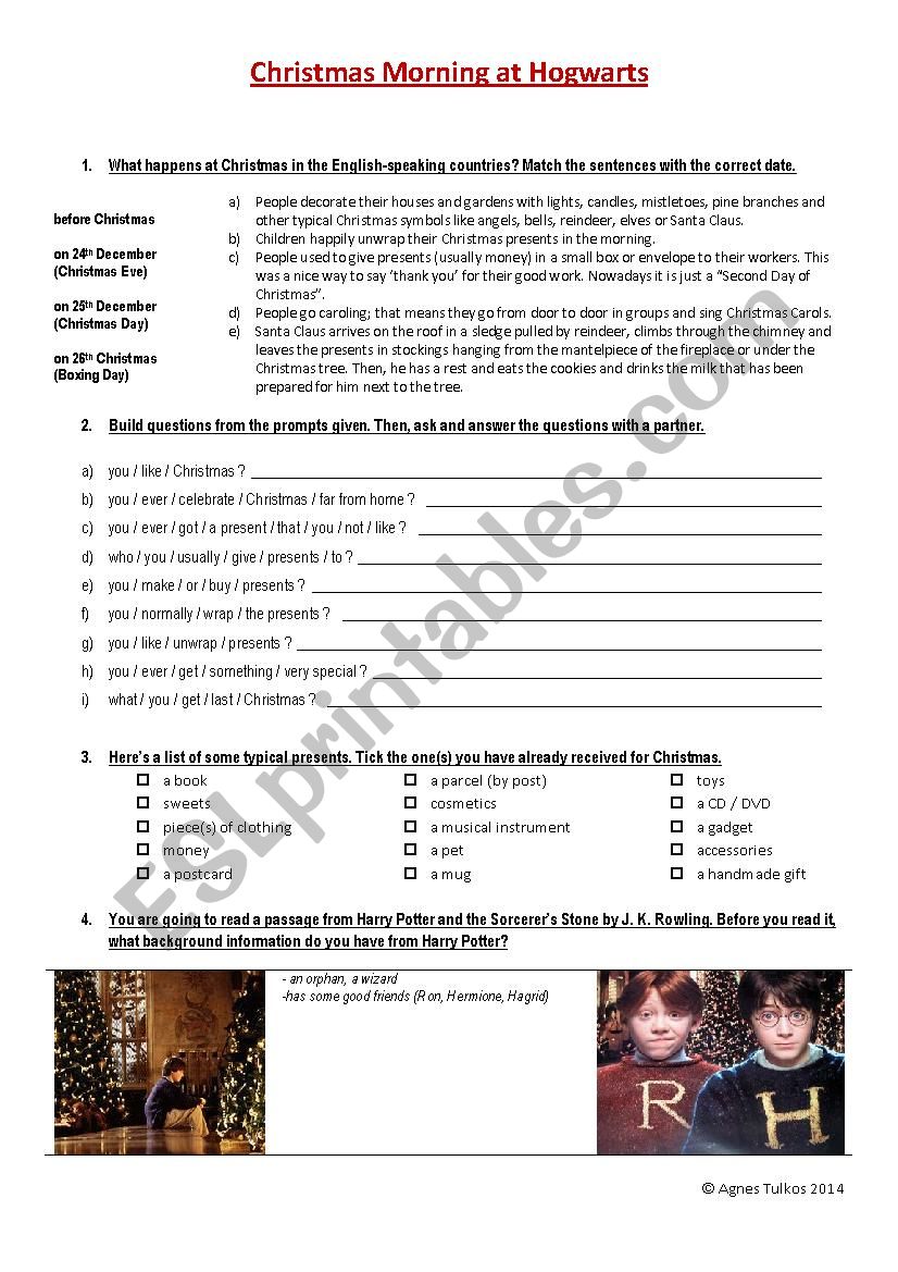 Christmas at Hogwarts worksheet