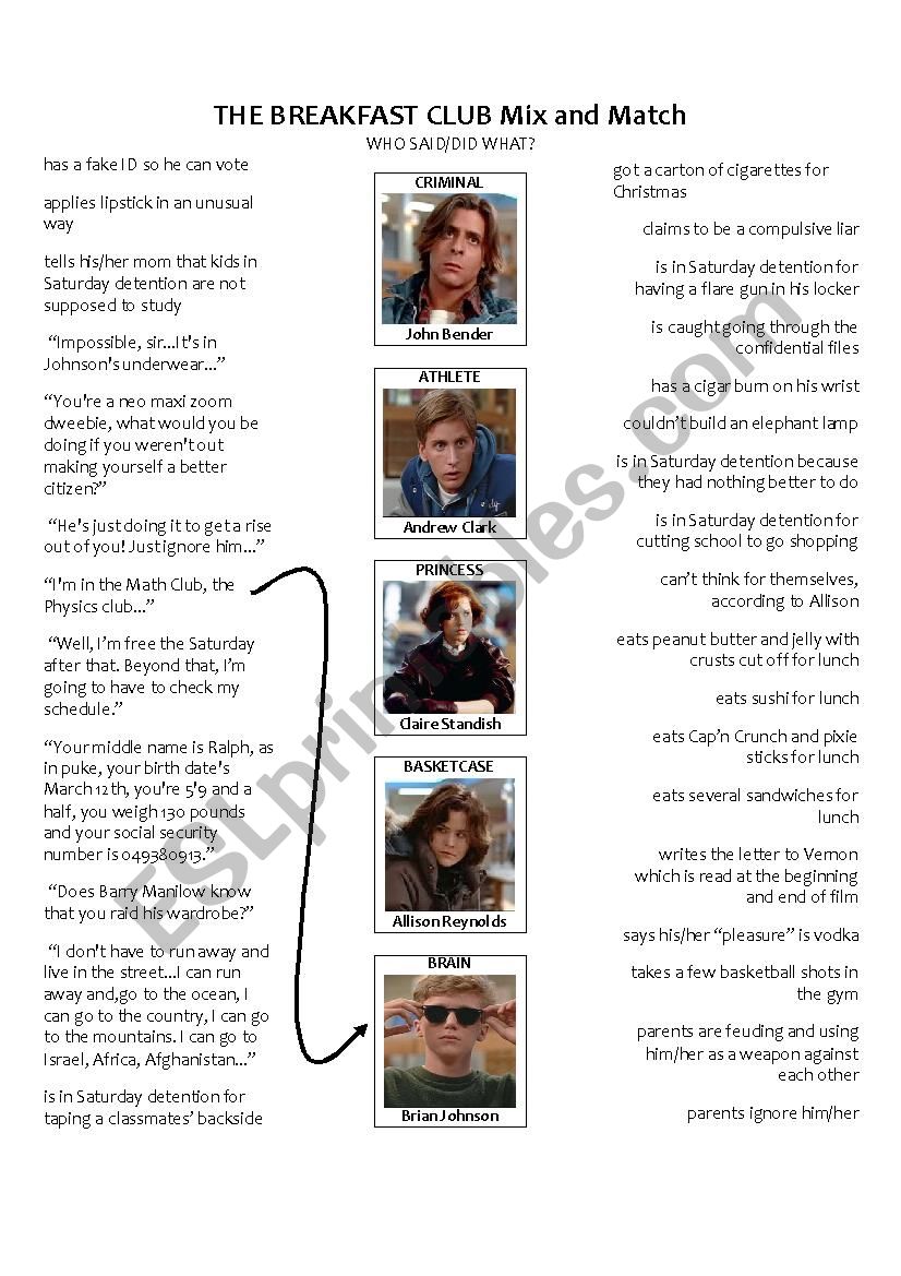 BreakfastClubWhoSaidIt worksheet