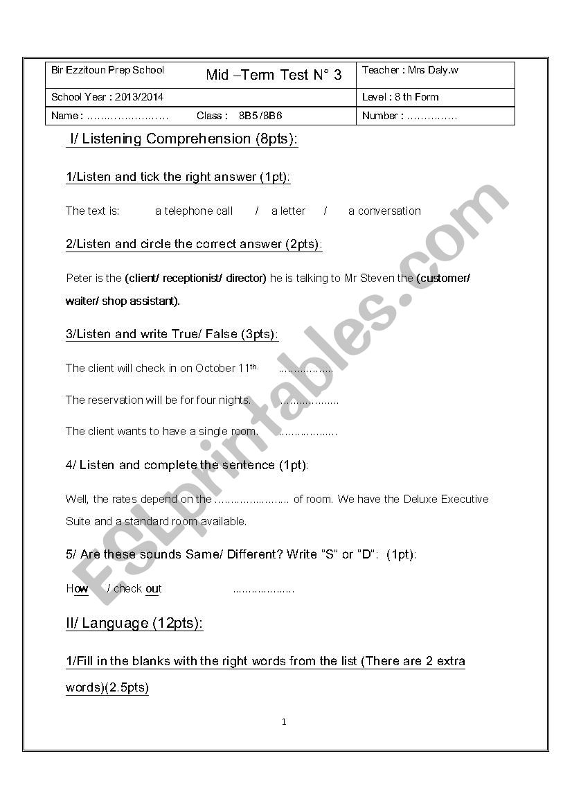 Mid term Test N3 worksheet