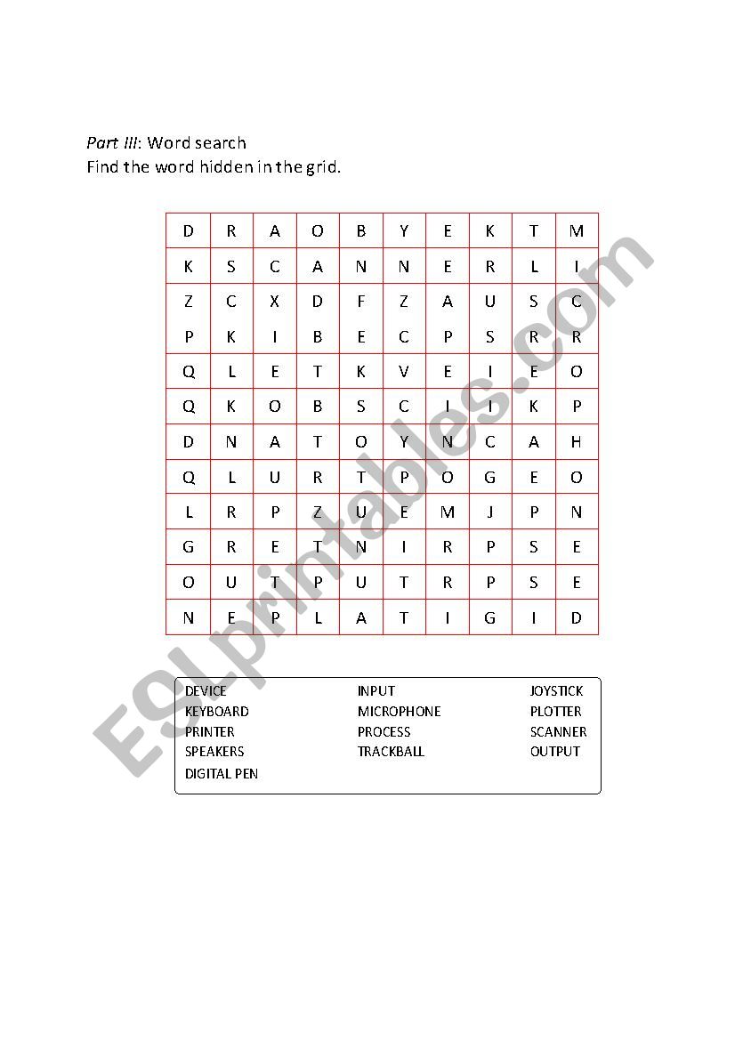 Computer Words search worksheet