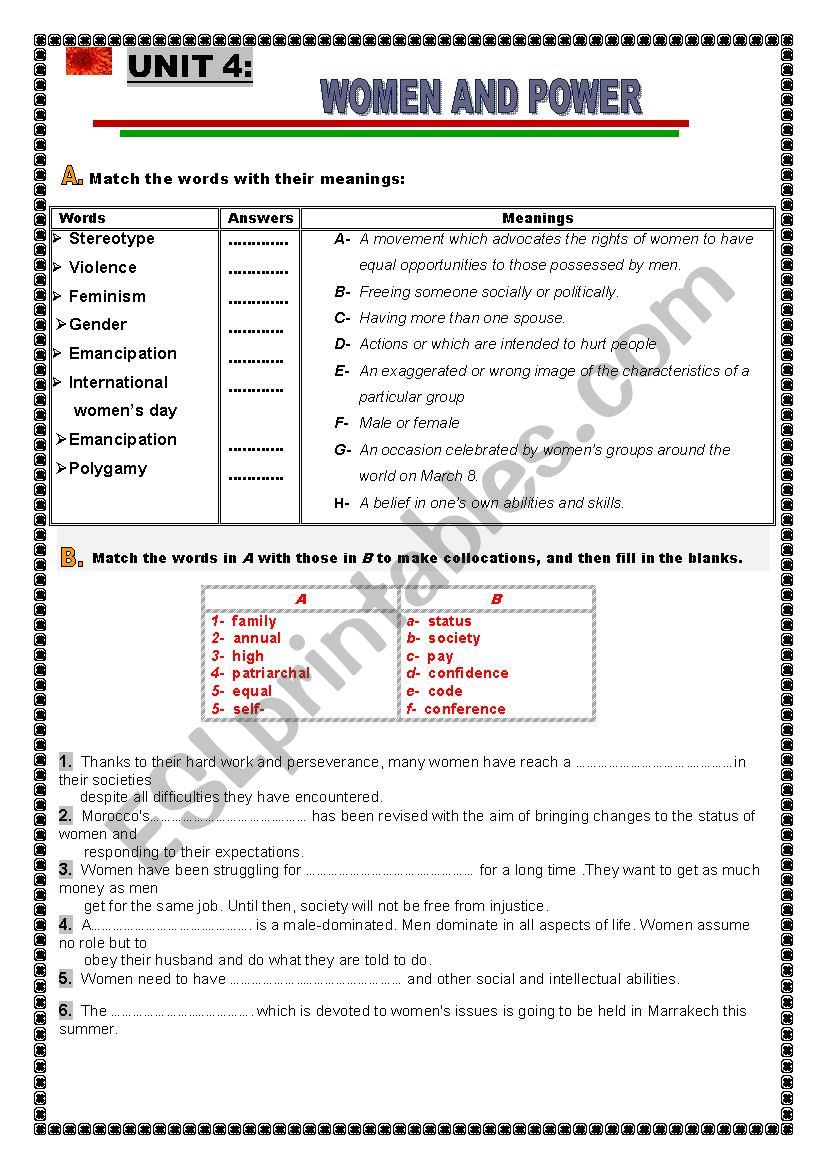 WOMEN AND POWER VOCABULARY worksheet