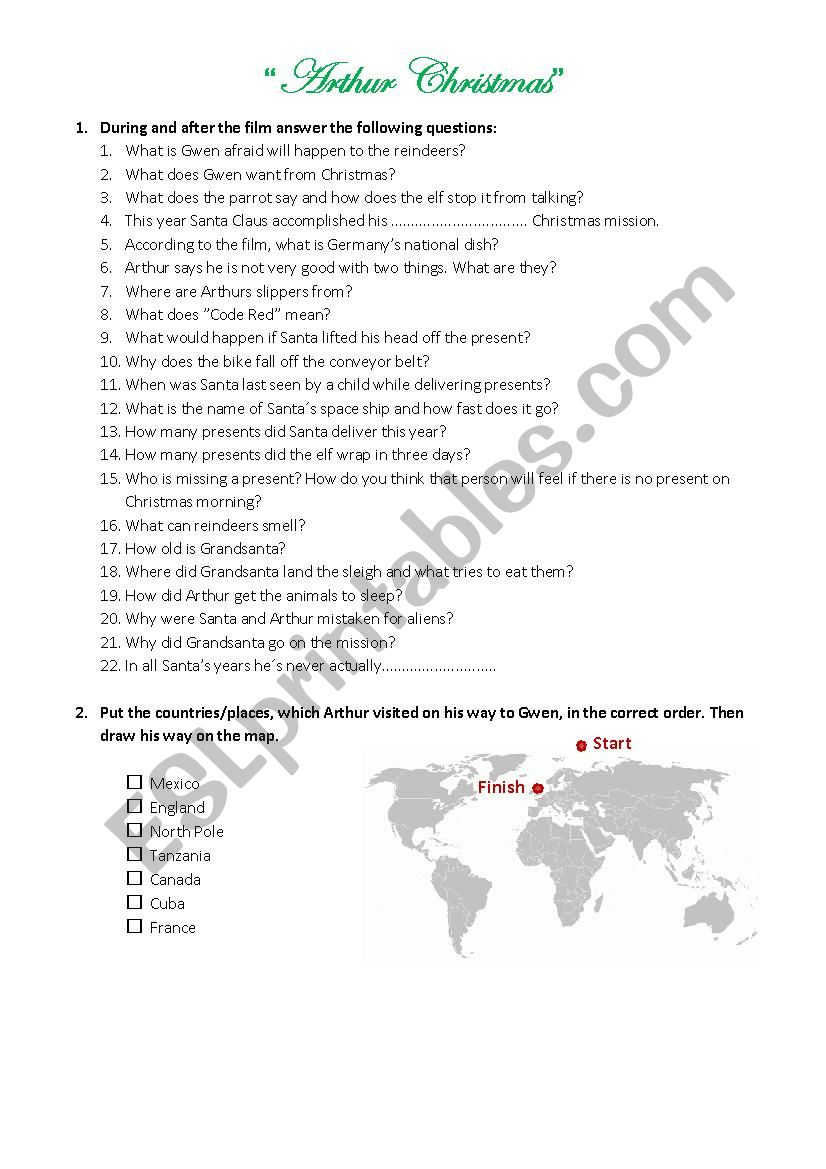 Arthur Christmas worksheet