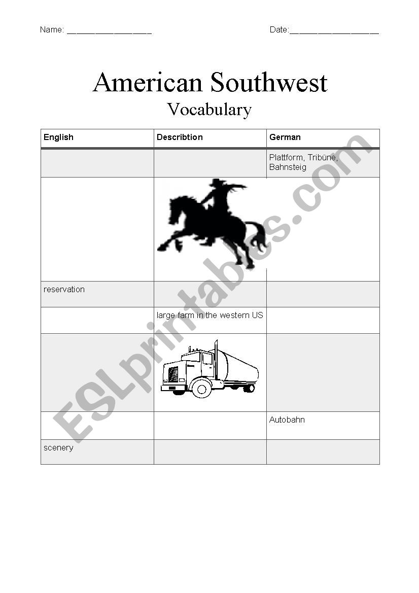 South West Vocabulary worksheet