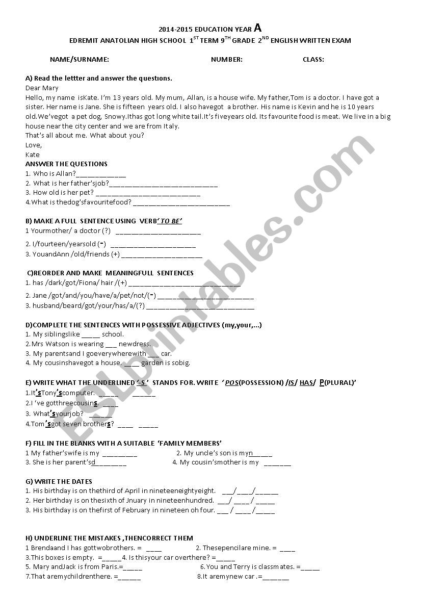 2nd wrtten exam for 9th grade students